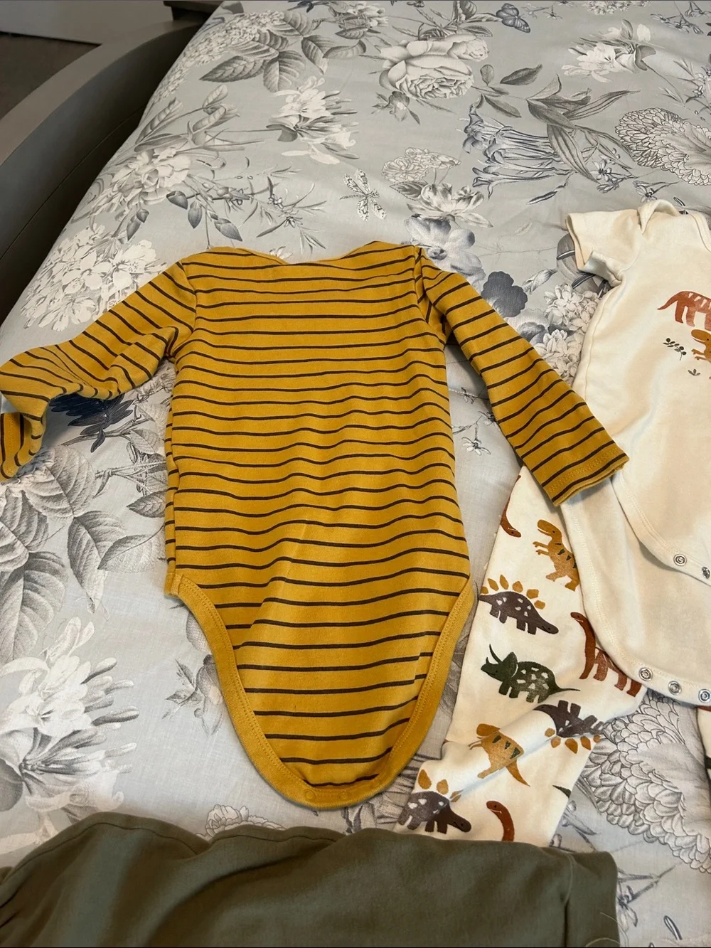Carter's Mustard Stripe Top with Cream Dino Bodysuit and Olive Pants